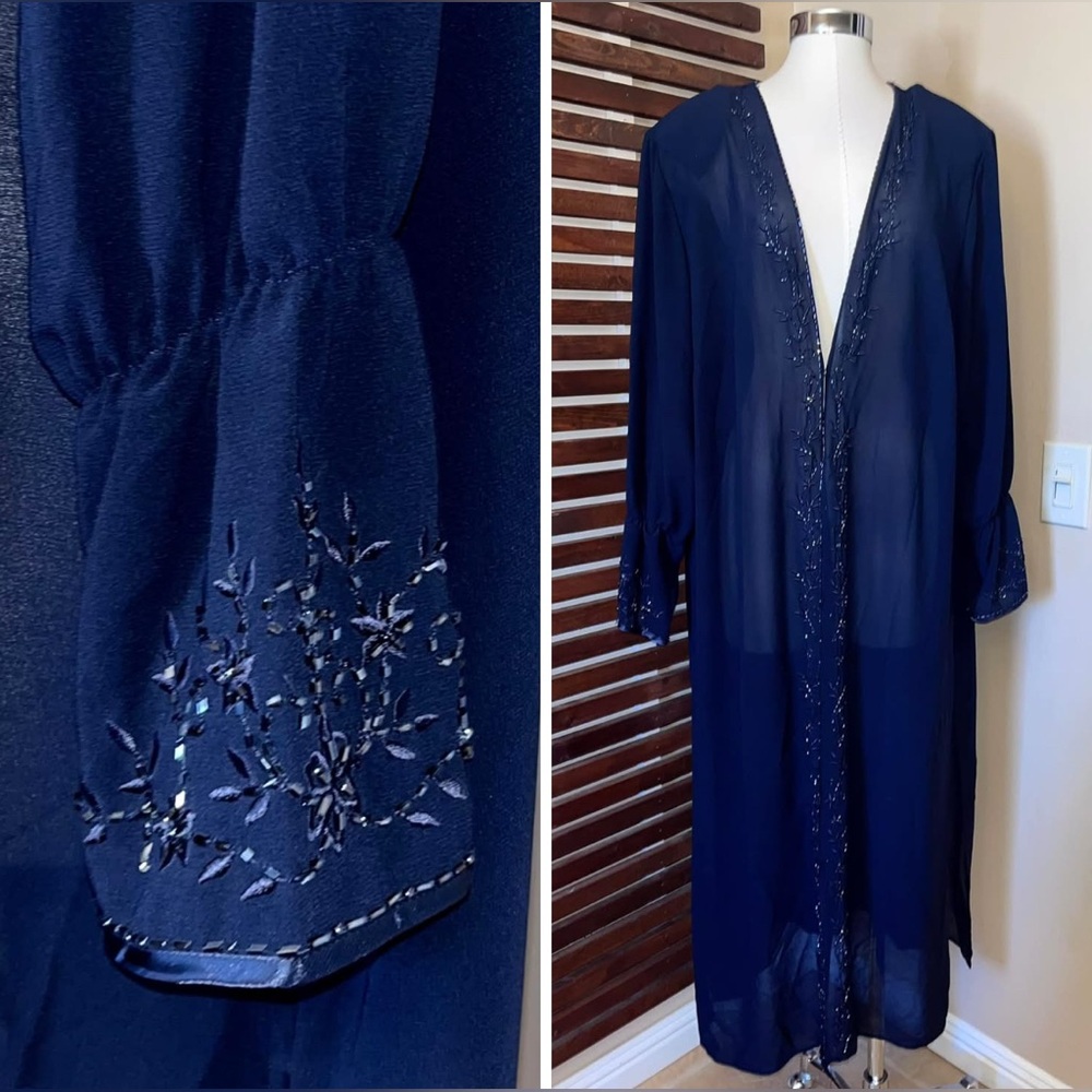 Vintage 1980s Studio 1 Dark Blue Beaded Long Sleeve Sheer Formal Duster Coverup